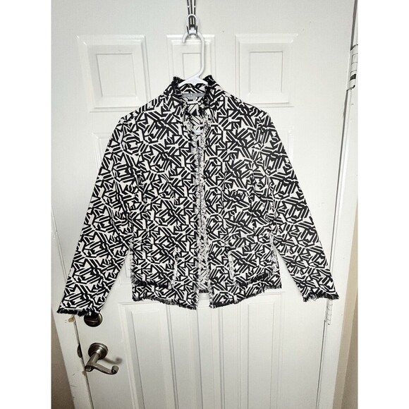 Valerie Stevens Black/White Blazer Jacket W/Fringe Trim Size Med Career - Picture 8 of 9